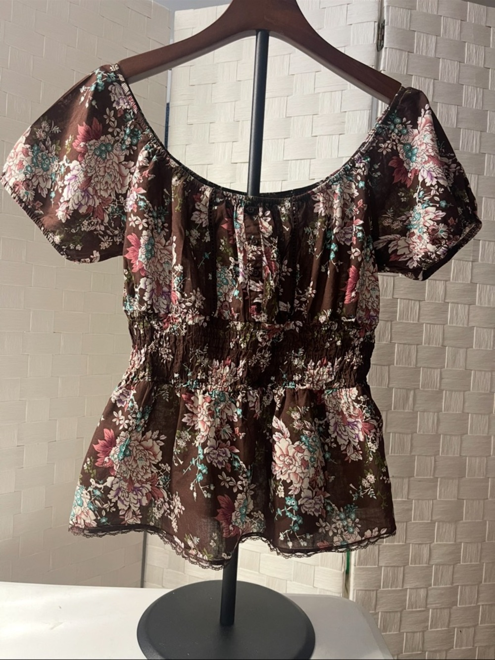 Xhilaration Brown Floral Smocked Peplum Top